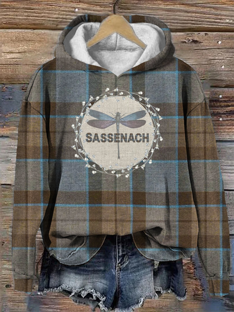Vintage Plaid & Dragonfly Print Women's Hooded Sweatshirt